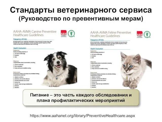 Стандарты ветеринарного сервиса (Руководство по превентивным мерам) https://www.aahanet.org/library/PreventiveHealthcare.aspx Питание – это часть каждого