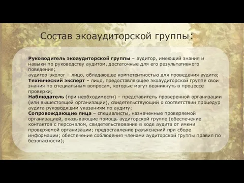 Состав экоаудиторской группы: Руководитель экоаудиторской группы – аудитор, имеющий знания