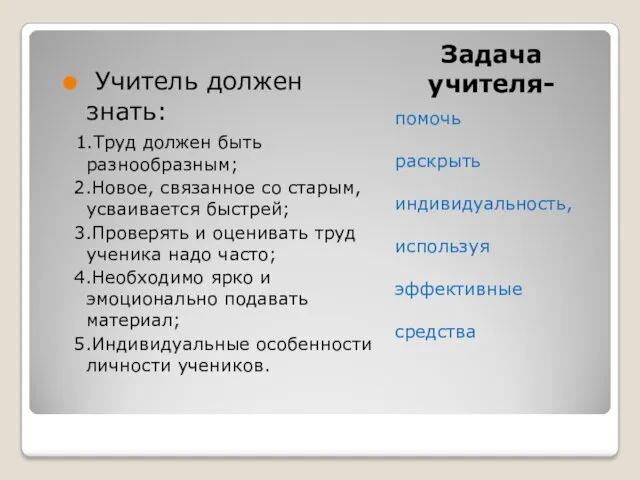 Задача учителя- помочь раскрыть индивидуальность, используя эффективные средства Учитель должен знать: 1.Труд должен