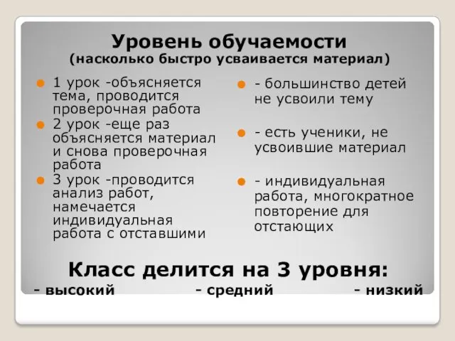 Класс делится на 3 уровня: - высокий - средний - низкий Уровень обучаемости