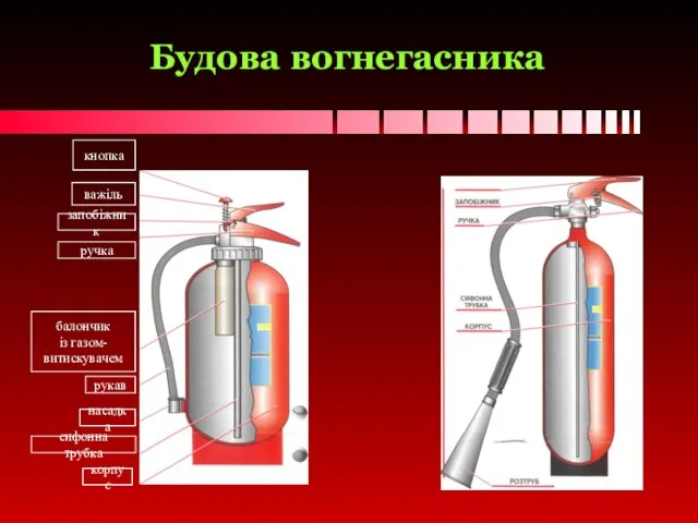 Будова вогнегасника кнопка важіль запобіжник ручка балончик із газом- витискувачем рукав насадка сифонна трубка корпус