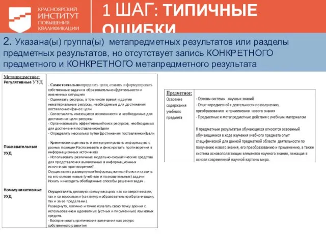 1 ШАГ: ТИПИЧНЫЕ ОШИБКИ 2. Указана(ы) группа(ы) метапредметных результатов или