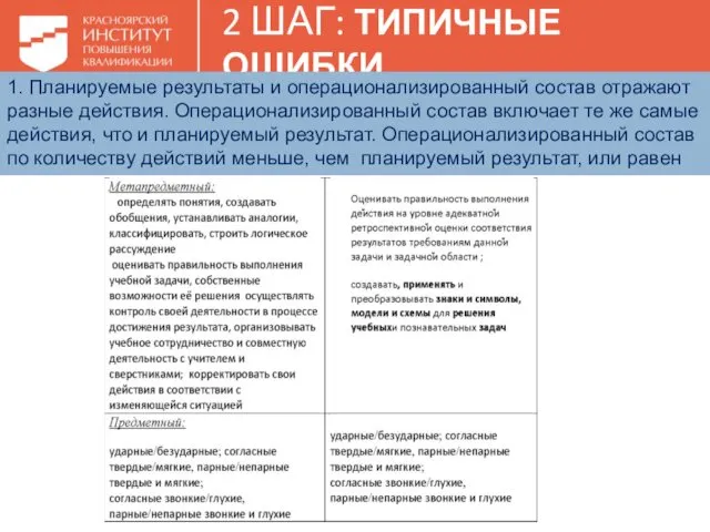 2 ШАГ: ТИПИЧНЫЕ ОШИБКИ 1. Планируемые результаты и операционализированный состав