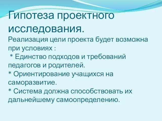 Гипотеза проектного исследования. Реализация цели проекта будет возможна при условиях