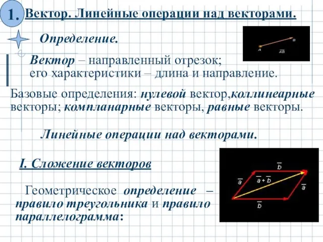 Вектор – направленный отрезок; его характеристики – длина и направление.