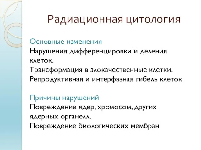 Радиационная цитология Основные изменения Нарушения дифференцировки и деления клеток. Трансформация