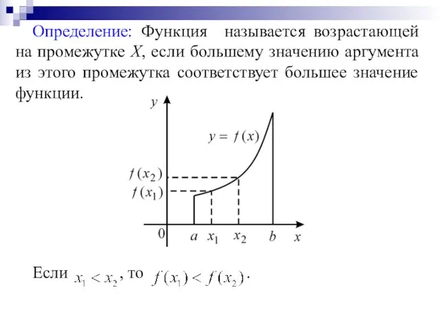 Определение: Функция называется возрастающей на промежутке Х, если большему значению