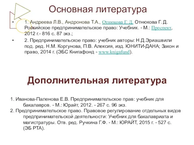 Основная литература 1. Андреева Л.В., Андронова Т.А., Отнюкова Г. Д.