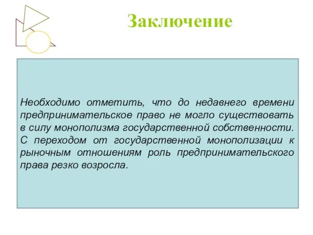 Заключение Необходимо отметить, что до недавнего времени предпринимательское право не