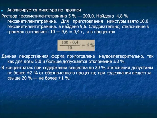 Анализируется микстура по прописи: Раствор гексаметилентетрамина 5 % — 200,0.