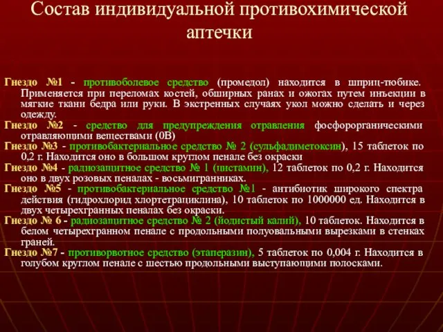 Состав индивидуальной противохимической аптечки Гнездо №1 - противоболевое средство (промедол)