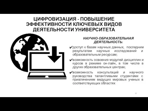 ЦИФРОВИЗАЦИЯ - ПОВЫШЕНИЕ ЭФФЕКТИВНОСТИ КЛЮЧЕВЫХ ВИДОВ ДЕЯТЕЛЬНОСТИ УНИВЕРСИТЕТА НАУЧНО-ОБРАЗОВАТЕЛЬНАЯ ДЕЯТЕЛЬНОСТЬ: