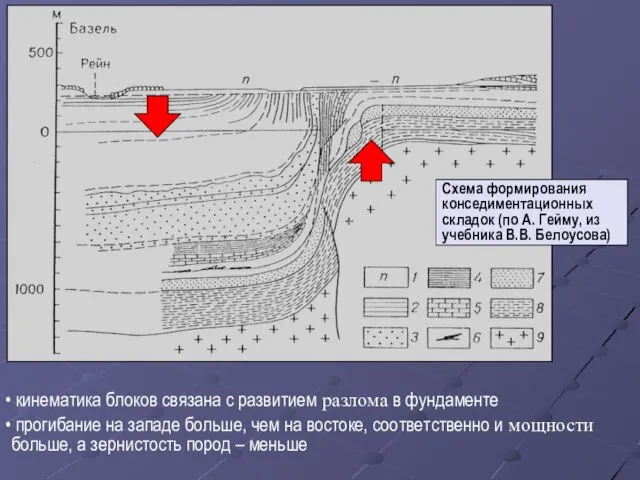 Схема формирования конседиментационных складок (по А. Гейму, из учебника В.В.