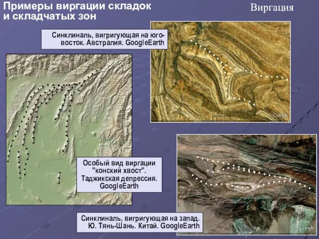 Синклиналь, вигригующая на запад. Ю. Тянь-Шань. Китай. GoogleEarth Виргация Примеры