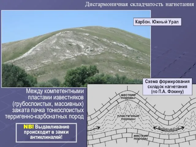 Дисгармоничная складчатость нагнетания Между компетентными пластами известняков (грубослоистых, массивных) зажата