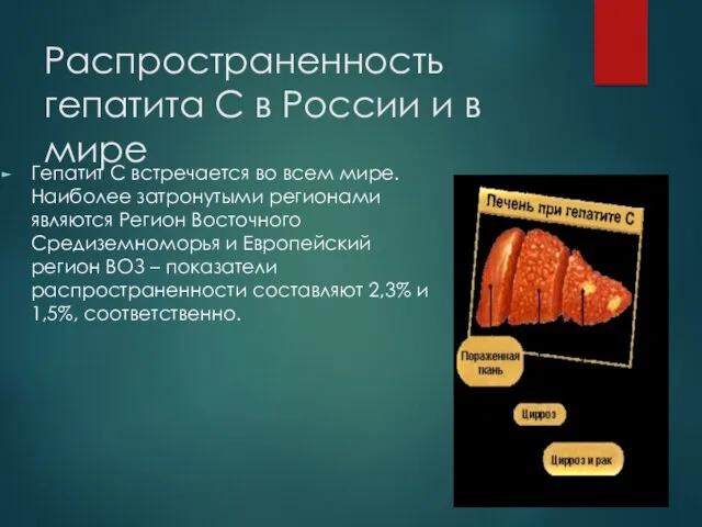 Распространенность гепатита С в России и в мире Гепатит С встречается во всем