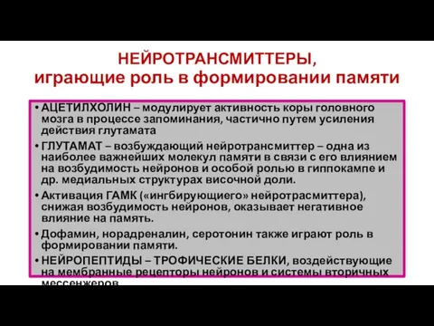 НЕЙРОТРАНСМИТТЕРЫ, играющие роль в формировании памяти АЦЕТИЛХОЛИН – модулирует активность