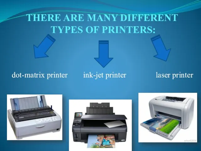 THERE ARE MANY DIFFERENT TYPES OF PRINTERS: dot-matrix printer ink-jet printer laser printer