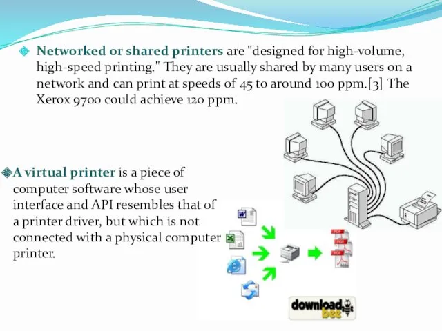 Networked or shared printers are "designed for high-volume, high-speed printing." They are usually