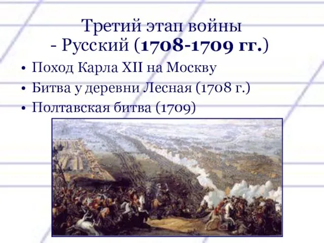 Третий этап войны Поход Карла XII на Москву Битва у деревни Лесная (1708