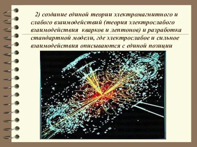 2) создание единой теории электромагнитного и слабого взаимодействий (теория электрослабого