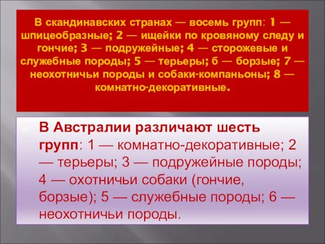 В скандинавских странах — восемь групп: 1 — шпицеобразные; 2