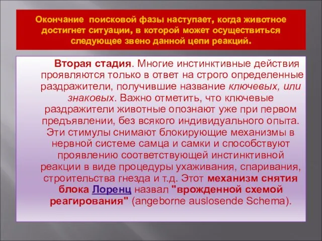 Окончание поисковой фазы наступает, когда животное достигнет ситуации, в которой