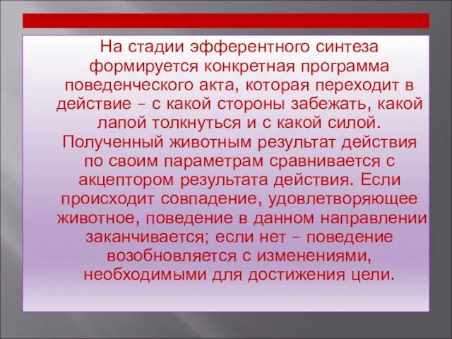 На стадии эфферентного синтеза формируется конкретная программа поведенческого акта, которая