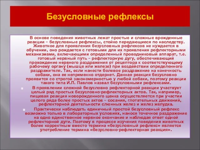 Безусловные рефлексы В основе поведения животных лежат простые и сложные