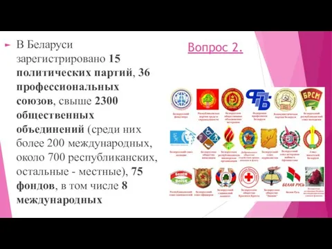 Вопрос 2. В Беларуси зарегистрировано 15 политических партий, 36 профессиональных