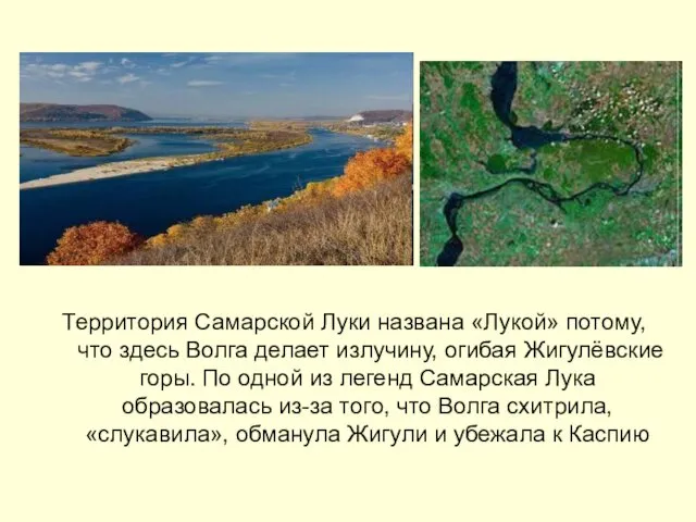 Территория Самарской Луки названа «Лукой» потому, что здесь Волга делает
