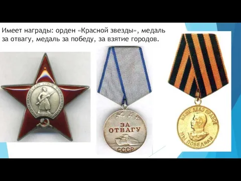 Имеет награды: орден «Красной звезды», медаль за отвагу, медаль за победу, за взятие городов.