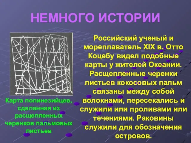 НЕМНОГО ИСТОРИИ Карта полинезийцев, сделанная из расщепленных черенков пальмовых листьев Российский ученый и