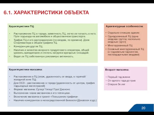 6.1. ХАРАКТЕРИСТИКИ ОБЪЕКТА Архитектурные особенности: Отдельно стоящее здание Одноуровневый ТЦ