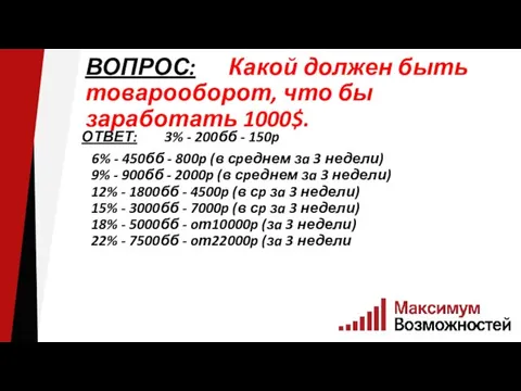 ВОПРОС: Какой должен быть товарооборот, что бы заработать 1000$. ОТВЕТ: