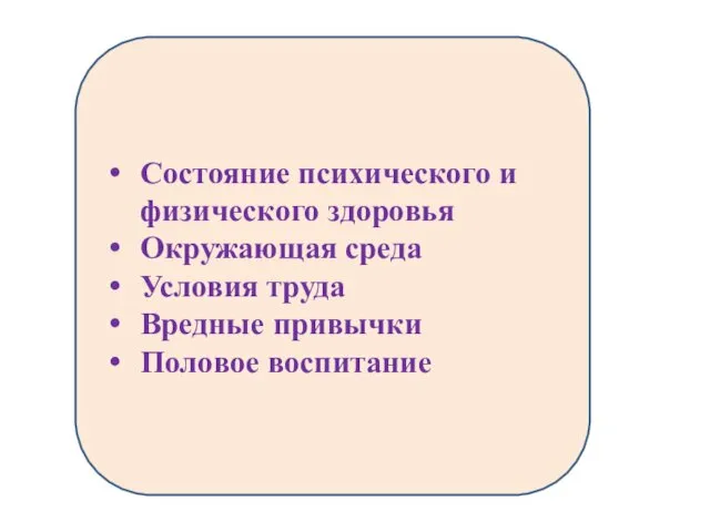 Состояние психического и физического здоровья Окружающая среда Условия труда Вредные привычки Половое воспитание