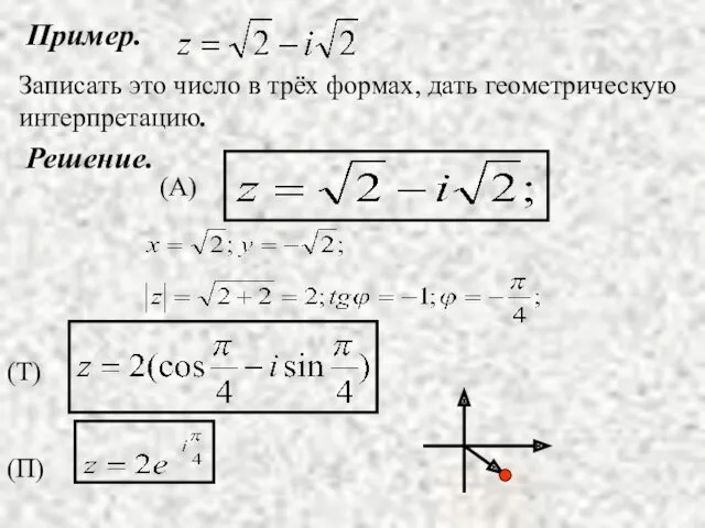 Пример. Записать это число в трёх формах, дать геометрическую интерпретацию. Решение.