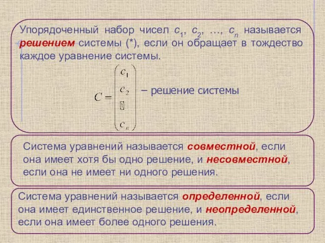 Упорядоченный набор чисел c1, c2, …, cn называется решением системы