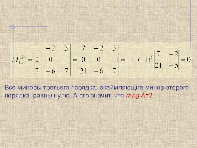 Все миноры третьего порядка, окаймляющие минор второго порядка, равны нулю. А это значит, что rang A=2.