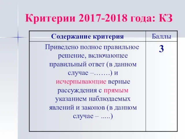 Критерии 2017-2018 года: КЗ