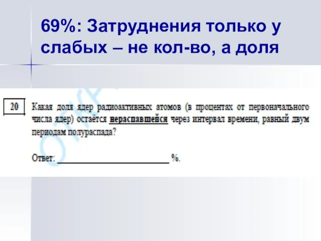 69%: Затруднения только у слабых – не кол-во, а доля