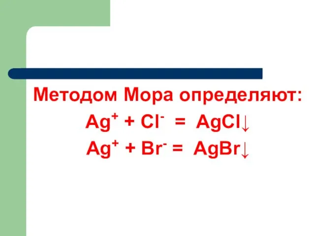 Методом Мора определяют: Ag+ + Cl- = AgCl↓ Ag+ + Br- = AgBr↓