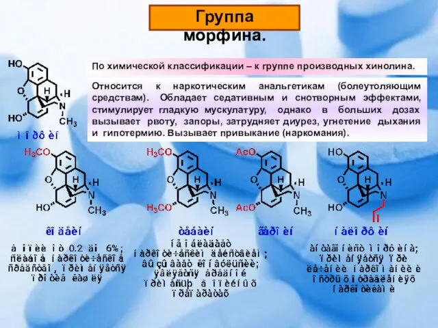 Группа морфина. Относится к наркотическим анальгетикам (болеутоляющим средствам). Обладает седативным