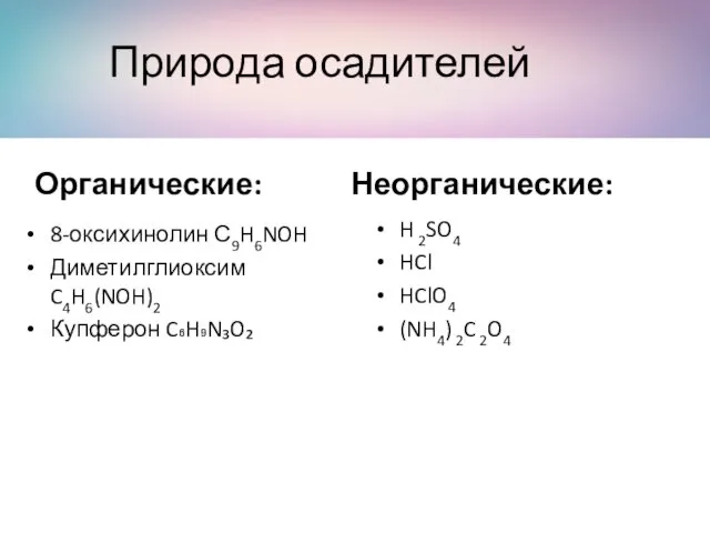 Природа осадителей Органические: 8-оксихинолин С9H6NOH Диметилглиоксим C4H6(NOH)2 Купферон C₆H₉N₃O₂ Неорганические: