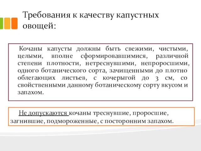 Требования к качеству капустных овощей: Кочаны капусты должны быть свежими,