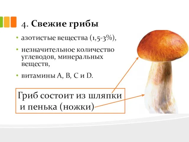 4. Свежие грибы азотистые вещества (1,5-3%), незначительное количество углеводов, минеральных