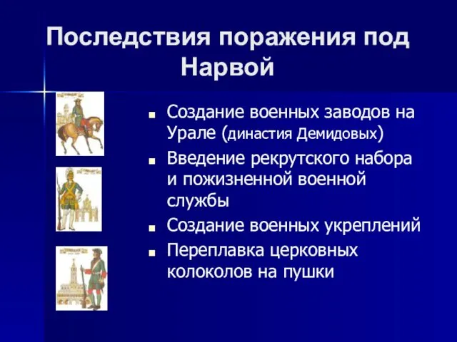 Последствия поражения под Нарвой Создание военных заводов на Урале (династия