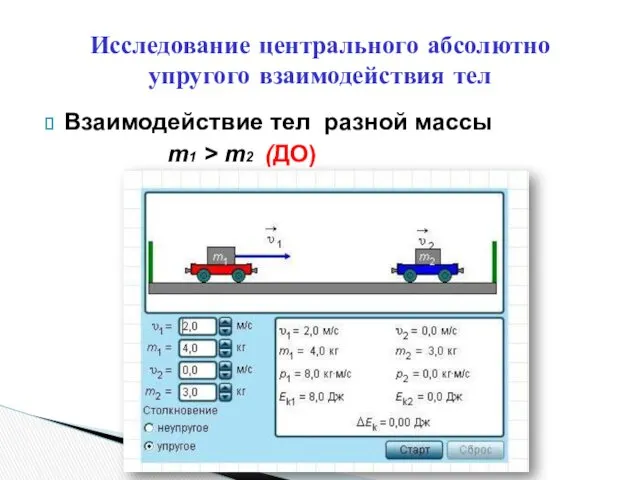 Взаимодействие тел разной массы m1 > m2 (ДО) Исследование центрального абсолютно упругого взаимодействия тел