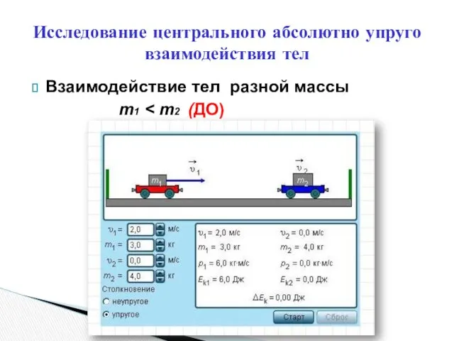 Взаимодействие тел разной массы m1 Исследование центрального абсолютно упруго взаимодействия тел