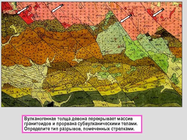 Вулканогенная толща девона перекрывает массив гранитоидов и прорвана субвулканическими телами. Определите тип разрывов, помеченных стрелками.